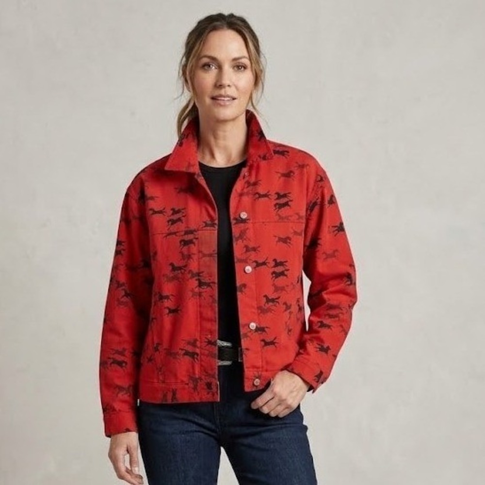 Vintage Equestrian Red Jacket Horse Print Button Down Western Shacket Womens L